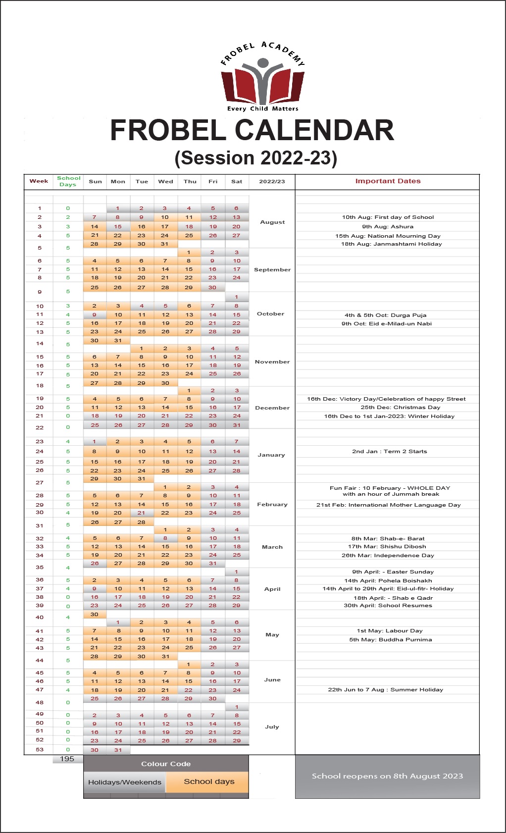 Academic Calendar - Frobel Academy